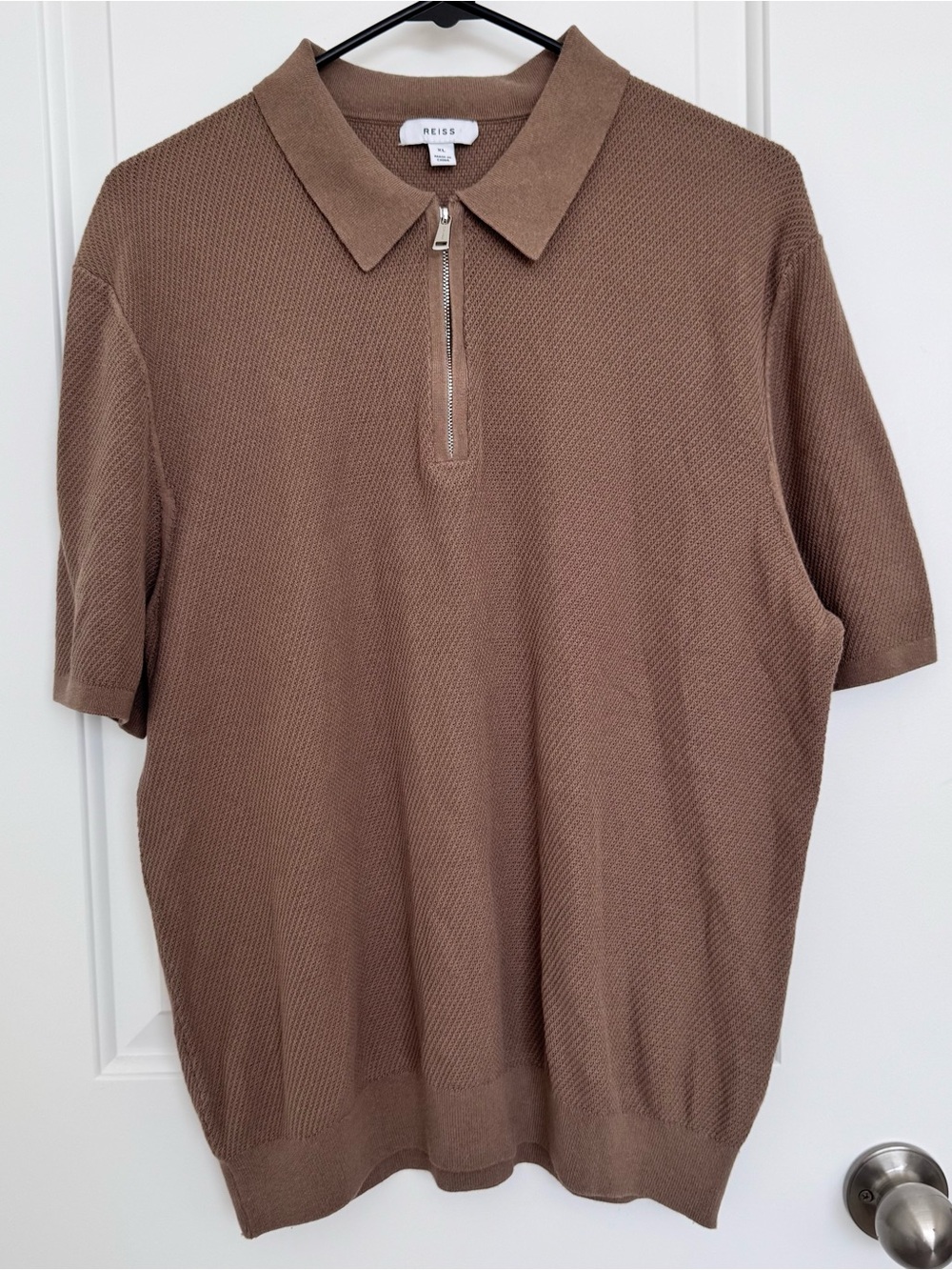 REISS Ivor Short-Sleeves Half-Zip Textured-Knit Polo in Taupe Brown Men Size XL